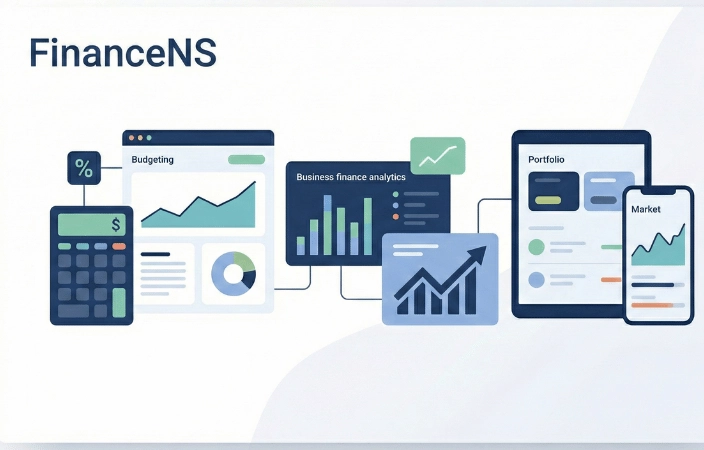 FinanceNS financial calculators illustration showing business analytics and calculation tools